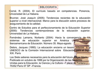 BIBLIOGRAFIA
Corral, R. (2004). El currículo basado en competencias. Ponencia,
Universidad de La Habana.
Brunner, José Joaquín (2005): Tendencias recientes de la educación
superior a nivel internacional. Marco para la discusión sobre procesos de
aseguramiento de la calidad.
Centro de Estudios para el perfeccionamiento de la Educación Superior
(2000): Tendencias contemporáneas de la educación superior.
Universidad de La Habana.
Fernández Lamarra, Norberto (2004): Hacia la convergencia de los
sistemas de educación superior en América Latina. Revista
Iberoamericana de Educación. Número 35. Mayo-agosto.
Delors, Jacques (1995): La educación encierra un tesoro. Informe a la
UNESCO de la Comisión Internacional sobre Educación para el Siglo
XXI. París
Los Siete saberes necesarios para la educación del futuro. Edgar Morín.
Publicado en octubre de 1999 por la Organización de las Naciones
Unidas para la Educación, la Ciencia y la Cultura –7 place de Fonteno y –
75352 París 07 SP –Francia.
 