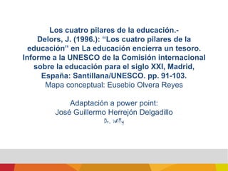Los cuatro pilares de la educación.-Delors, J. (1996.): “Los cuatro pilares de la educación” en La educación encierra un tesoro. Informe a la UNESCO de la Comisión internacional sobre la educación para el siglo XXI, Madrid, España: Santillana/UNESCO. pp. 91-103.Mapa conceptual: Eusebio Olvera ReyesAdaptación a power point:José Guillermo Herrejón DelgadilloDr. Willy