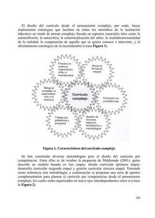 El dise‡o del curr„culo desde el pensamiento complejo, por ende, busca
implementar estrategias que faciliten en todos los miembros de la instituci€n
educativa un modo de pensar complejo, basado en aspectos esenciales tales como la
autorreflexi€n, la autocr„tica, la contextualizaci€n del saber, la multidimensionalidad
de la realidad, la comprensi€n de aquello que se quiere conocer e intervenir, y el
afrontamiento estrat‚gico de la incertidumbre (v‚ase Figura 1).




                 Figura 1. Caracter„sticas del curr„culo complejo

   Se han construido diversas metodolog„as para el dise‡o del curr„culo por
competencias. Entre ellas es de resaltar la propuesta de Maldonado (2001), quien
describe un modelo basado en tres etapas: dise‡o curricular (primera etapa),
desarrollo curricular (segunda etapa) y gesti€n curricular (tercera etapa). Teniendo
como referencia esta metodolog„a, a continuaci€n se proponen una serie de aportes
complementarios para planear el curr„culo por competencias desde el pensamiento
complejo, los cuales estƒn organizados en nueve ejes interdependientes entre s„ (v‚ase
la Figura 2).


                                                                                   109
 
