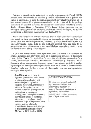 Ademƒs, el conocimiento metacognitivo, seg†n la propuesta de Flavell (1987),
requiere tener conciencia de las variables y factores relacionados con la persona que
ejecuta el desempe‡o, la tarea, las estrategias disponibles y el entorno (Figura 2). En
este proceso es esencial el pensamiento reflexivo y cr„tico, con el fin de que haya
idoneidad y profundidad en la toma de conocimiento sobre dichas variables y factores
(Ridley, Schutz, Glanz y Weinstein, 1992). Puede decirse, entonces, que las
estrategias metacognitivas son las que coordinan las demƒs estrategias, por lo cual
com†nmente se denominan macroestrategias (Kirby, 1984).

   Poseer una competencia implica actuar con base en estrategias metacognitivas; en
este sentido se tiene conciencia del proceso de desempe‡o en todas sus fases y se
lleva a cabo una constante planeaci€n, monitoreo y evaluaci€n de ‚ste, acorde con
unas determinadas metas. Esta es una condici€n esencial para una ‚tica de las
competencias, pues ˆc€mo asumir la responsabilidad por las propias acciones si no se
tiene conciencia de ellas y se autorregulan?

   A partir del procesamiento metacognitivo se toma conciencia y se controlan los
diversos procesos que intervienen tanto en el aprendizaje como en el desempe‡o
id€neo (v‚ase Figura 3): sensibilizaci€n, atenci€n, adquisici€n, personalizaci€n y
control, recuperaci€n, actuaci€n, transferencia, cooperaci€n y evaluaci€n. Puede
observarse c€mo cada proceso tiene unas metas y unas estrategias, todo lo cual es
regulado por las estrategias metacognitivas que estƒn en el centro. A continuaci€n se
describen cada uno de los procesos de desempe‡o con sus correspondientes
estrategias metacognitivas.

l.   Sensibilizaci‚n: es el contexto
     cognitivo y emocional desde donde         META-SENSIBILIZACIˆN:
     se origina el aprendizaje y estƒ
     constituido por tres grandes              Se toma conocimiento del estado
     procesos: motivaci€n, emociones y         afectivo-motivacional y se
     actitudes. Para optimizar este            autorregula mediante la
     proceso, la persona puede poner en        planeaci•n de estrategias que o
     acci€n desde la planeaci€n                optimicen, las cuales se
     metacognitiva estrategias tales como      monitorean y evalƒan de acuerdo
     la atribuci€n causal, el cambio de        con el logro de la meta.
     actitudes y el control emocional,
     entre otras. Aqu„ es importante tener
     presente que una adecuada
     motivaci€n es fundamental para que
     se d‚ el aprendizaje significativo
     (McCombs, 1988; Ainley, 1993).

                                                                                   185
 