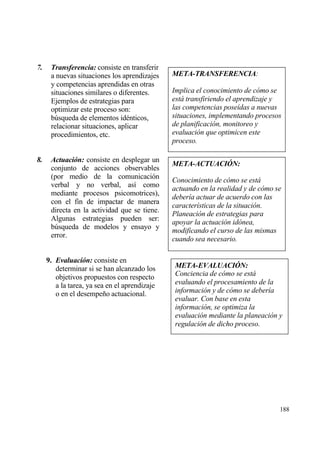 7.    Transferencia: consiste en transferir
      a nuevas situaciones los aprendizajes    META-TRANSFERENCIA:
      y competencias aprendidas en otras
      situaciones similares o diferentes.      Implica el conocimiento de c•mo se
      Ejemplos de estrategias para             est… transfiriendo el aprendizaje y
      optimizar este proceso son:              las competencias pose„das a nuevas
      b†squeda de elementos id‚nticos,         situaciones, implementando procesos
      relacionar situaciones, aplicar          de planificaci•n, monitoreo y
      procedimientos, etc.                     evaluaci•n que optimicen este
                                               proceso.

8.    Actuaci‚n: consiste en desplegar un
                                               META-ACTUACI•N:
      conjunto de acciones observables
      (por medio de la comunicaci€n            Conocimiento de c•mo se est…
      verbal y no verbal, as„ como             actuando en la realidad y de c•mo se
      mediante procesos psicomotrices),
                                               deber„a actuar de acuerdo con las
      con el fin de impactar de manera
                                               caracter„sticas de la situaci•n.
      directa en la actividad que se tiene.    Planeaci•n de estrategias para
      Algunas estrategias pueden ser:          apoyar la actuaci•n id•nea,
      b†squeda de modelos y ensayo y           modificando el curso de las mismas
      error.
                                               cuando sea necesario.

     9. Evaluaci‚n: consiste en
        determinar si se han alcanzado los     META-EVALUACI•N:
        objetivos propuestos con respecto      Conciencia de c•mo se est…
        a la tarea, ya sea en el aprendizaje   evaluando el procesamiento de la
        o en el desempe‡o actuacional.         informaci•n y de c•mo se deber„a
                                               evaluar. Con base en esta
                                               informaci•n, se optimiza la
                                               evaluaci•n mediante la planeaci•n y
                                               regulaci•n de dicho proceso.




                                                                                  188
 