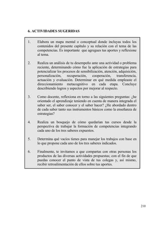6. ACTIVIDADES SUGERIDAS

1.   Elabora un mapa mental o conceptual donde incluyas todos los
     contenidos del presente cap„tulo y su relaci€n con el tema de las
     competencias. Es importante que agregues tus aportes y reflexione
     al tema.

2.   Realiza un anƒlisis de tu desempe‡o ante una actividad o problema
     reciente, determinando c€mo fue la aplicaci€n de estrategias para
     potencializar los procesos de sensibilizaci€n, atenci€n, adquisici€n,
     personalizaci€n, recuperaci€n, cooperaci€n, transferencia,
     actuaci€n y evaluaci€n. Determinar en qu‚ medida empleaste el
     direccionamiento metacognitivo en cada etapa. Concluye
     describiendo logros y aspectos por mejorar al respecto.

3.   Como docente, reflexiona en torno a las siguientes preguntas: ˆhe
     orientado el aprendizaje teniendo en cuenta de manera integrada el
     saber ser, el saber conocer y el saber hacer? ˆHe abordado dentro
     de cada saber tanto sus instrumentos bƒsicos como la ense‡anza de
     estrategias?

4.   Realiza un bosquejo de c€mo quedar„an tus cursos desde la
     perspectiva de trabajar la formaci€n de competencias integrando
     cada uno de los tres saberes expuestos.

5.   Determina qu‚ vac„os tienes para manejar los trabajos con base en
     lo que propone cada uno de los tres saberes indicados.

6.   Finalmente, te invitamos a que compartas con otras personas los
     productos de las diversas actividades propuestas; con el fin de que
     puedas conocer el punto de vista de tus colegas y, as„ mismo,
     recibir retroalimentaci€n de ellos sobre tus aportes.




                                                                             210
 
