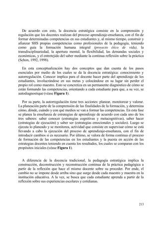 De acuerdo con esto, la docencia estrat‚gica consiste en la comprensi€n y
regulaci€n que los docentes realizan del proceso aprendizaje-ense‡anza, con el fin de
formar determinadas competencias en sus estudiantes y, al mismo tiempo, construir y
afianzar SHS propias competencias como profesionales de la pedagog„a, teniendo
como gu„a la formaci€n humana integral (proyecto ‚tico de vida), la
transdisciplinariedad, la apertura mental, la flexibilidad, las demandas sociales y
econ€micas, y el entretejido del saber mediante la continua reflexi€n sobre la prƒctica
(Schon, 1992, 1998).

   En esta conceptualizaci€n hay dos conceptos que dan cuenta de los pasos
esenciales por medio de los cuales se da la docencia estrat‚gica: conocimiento y
autorregulaci€n. Conocer implica para el docente hacer parte del aprendizaje de los
estudiantes, involucrƒndose en sus metas y colocƒndose en su lugar sin perder el
propio rol como maestro. Esto se concretiza en un permanente diagn€stico de c€mo se
estƒn formando las competencias, orientando a cada estudiante para que, a su vez, se
autodiagnostique (v‚ase Figura 1).

   Por su parte, la autorregulaci€n tiene tres acciones: planear, monitorear y valorar.
La planeaci€n parte de la comprensi€n de las finalidades de la formaci€n, y determina
c€mo, d€nde, cuƒndo y con qu‚ medios se van a formar las competencias. En esta fase
se planea la ense‡anza de estrategias de aprendizaje de acuerdo con cada uno de los
tres saberes: saber conocer (estrategias cognitivas y metacognitivas), saber hacer
(estrategias de ejecuci€n) y saber ser (estrategias emocionales y sociales). Luego se
ejecuta lo planeado y se monitorea, actividad que consiste en supervisar c€mo se estƒ
llevando a cabo la ejecuci€n del proceso de aprendizaje-ense‡anza, con el fin de
introducir cambios si es necesario. Por †ltimo, se valora de forma continua el proceso
de formaci€n de las competencias en los estudiantes y la puesta en acci€n de las
estrategias docentes teniendo en cuenta los resultados, los cuales se comparan con los
prop€sitos iniciales (v‚ase Figura 1).


   A diferencia de la docencia tradicional, la pedagog„a estrat‚gica implica la
construcci€n, deconstrucci€n y reconstrucci€n continua de la prƒctica pedag€gica a
partir de la reflexi€n que hace el mismo docente sobre su proceder. Por ende, el
cambio no se impone desde arriba sino que surge desde cada maestro y maestra en la
instituci€n educativa. A la vez, se busca que cada estudiante aprenda a partir de la
reflexi€n sobre sus experiencias escolares y cotidianas.




                                                                                   213
 