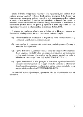 El arte de formar competencias requiere no solo capacitaci€n, sino tambi‚n de un
continuo aprender haciendo reflexivo, donde se tome conciencia de los logros y de
los errores para implementar acciones correctivas en la prƒctica docente. Este enfoque
se aparta de la racionalidad t‚cnica que ha imperado en la docencia (por ejemplo la
ense‡anza instruccional basada en el conductismo) y se adentra en la asunci€n de la
racionalidad prƒctica basada en pensar y aprender a partir de-y dentro de- las
experiencias vividas en la cotidianidad de la ense‡anza (Schon, 1992).

   El ejemplo de ense‡anza reflexiva que se indica en la Figura 4, muestra los
lineamientos mƒs importantes por tener en cuenta en esta metodolog„a:

  (1) orientar la reflexi€n con base en la pregunta de c€mo estamos ense‡ando y
      c€mo estƒn aprendiendo nuestros estudiantes;

  (2) contextualizar la pregunta en determinados acontecimientos espec„ficos de la
      formaci€n de competencias;

  (3) a partir de lo anterior, debemos construir un s€lido conocimiento conceptual,
      donde tengamos claridad frente a los conceptos, principios y teor„as inmersas
      en los acontecimientos relacionados con la pregunta central que gu„a la
      reflexi€n, tal como se aprecia en el ejemplo (EJE CONCEPTUAL);

  (4) a partir de lo anterior el paso que sigue es realizar un registro sistemƒtico de
      los acontecimientos delimitados y, luego, contrastar y analizar la informaci€n
      (transformaci€n), para sacar conclusiones y realizar juicios sustentados sobre
      nuestra prƒctica pedag€gica (EJE METO-DOLŠGICO).

   De aqu„ salen nuevos aprendizajes y prop€sitos para ser implementados con los
estudiantes.




                                                                                  219
 