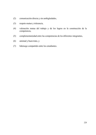 (2)   comunicaci€n directa y sin ambig…edades,

(3)   respeto mutuo y tolerancia,

(4)   valoraci€n mutua del trabajo y de los logros en la construcci€n de la
      competencia,

(5)   complementariedad entre las competencias de los diferentes integrantes,

(6)   amistad y buen trato, y

(7)   liderazgo compartido entre los estudiantes.




                                                                                228
 