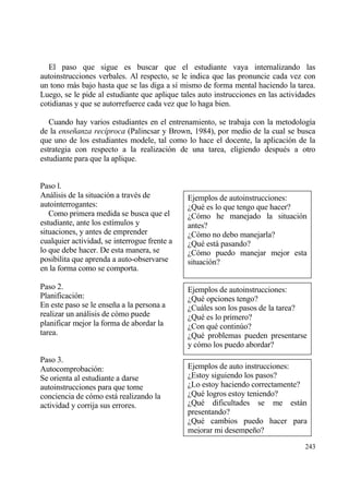 El paso que sigue es buscar que el estudiante vaya internalizando las
autoinstrucciones verbales. Al respecto, se le indica que las pronuncie cada vez con
un tono mƒs bajo hasta que se las diga a s„ mismo de forma mental haciendo la tarea.
Luego, se le pide al estudiante que aplique tales auto instrucciones en las actividades
cotidianas y que se autorrefuerce cada vez que lo haga bien.

   Cuando hay varios estudiantes en el entrenamiento, se trabaja con la metodolog„a
de la ense‡anza rec„proca (Palincsar y Brown, 1984), por medio de la cual se busca
que uno de los estudiantes modele, tal como lo hace el docente, la aplicaci€n de la
estrategia con respecto a la realizaci€n de una tarea, eligiendo despu‚s a otro
estudiante para que la aplique.


Paso l.
Anƒlisis de la situaci€n a trav‚s de          Ejemplos de autoinstrucciones:
autointerrogantes:                            ˆQu‚ es lo que tengo que hacer?
   Como primera medida se busca que el        ˆC€mo he manejado la situaci€n
estudiante, ante los est„mulos y              antes?
situaciones, y antes de emprender             ˆC€mo no debo manejarla?
cualquier actividad, se interrogue frente a   ˆQu‚ estƒ pasando?
lo que debe hacer. De esta manera, se         ˆC€mo puedo manejar mejor esta
posibilita que aprenda a auto-observarse      situaci€n?
en la forma como se comporta.

Paso 2.                                       Ejemplos de autoinstrucciones:
Planificaci€n:                                ˆQu‚ opciones tengo?
En este paso se le ense‡a a la persona a      ˆCuƒles son los pasos de la tarea?
realizar un anƒlisis de c€mo puede            ˆQu‚ es lo primero?
planificar mejor la forma de abordar la       ˆCon qu‚ contin†o?
tarea.                                        ˆQu‚ problemas pueden presentarse
                                              y c€mo los puedo abordar?
Paso 3.
Autocomprobaci€n:                             Ejemplos de auto instrucciones:
Se orienta al estudiante a darse              ˆEstoy siguiendo los pasos?
autoinstrucciones para que tome               ˆLo estoy haciendo correctamente?
conciencia de c€mo estƒ realizando la         ˆQu‚ logros estoy teniendo?
actividad y corrija sus errores.              ˆQu‚ dificultades se me estƒn
                                              presentando?
                                              ˆQu‚ cambios puedo hacer para
                                              mejorar mi desempe‡o?
                                                                                   243
 