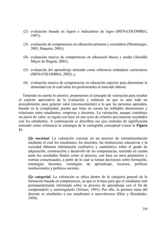 (2) evaluaci€n basada en logros e indicadores de logro (MEN-COLOMBIA,
       1997);

   (3) evaluaci€n de competencias en educaci€n primaria y secundaria (Montenegro,
       2001; Baquero, 2001);

   (4) evaluaci€n masiva de competencias en educaci€n bƒsica y media (Alcald„a
       Mayor de Bogotƒ, 2001);

   (5) evaluaci€n del aprendizaje teniendo como referencia estƒndares curriculares
       (MEN-COLOMBIA, 2002), y

   (6) evaluaci€n masiva de competencias en educaci€n superior para determinar la
       idoneidad con la cual salen los profesionales al mercado laboral.

   Teniendo en cuenta lo anterior, proponemos el concepto de valoraci€n para resaltar
el carƒcter apreciativo de la evaluaci€n y enfatizar en que es ante todo un
procedimiento para generar valor (reconocimiento) a lo que las personas aprenden,
basado en la complejidad, puesto que tiene en cuenta las m†ltiples dimensiones y
relaciones entre estudiantes, empresas y docentes. La valoraci€n, aunque constituye
un juicio de valor, se regula con base en una serie de criterios previamente acordados
con los estudiantes. A continuaci€n se describen sus ejes centrales de significaci€n
teniendo como referencia la estrategia de la cartograf„a conceptual (v‚ase la Figura
1):

      Eje nacional. La valoraci€n consiste en un proceso de retroalimentaci€n
      mediante el cual los estudiantes, los docentes, las instituciones educativas y la
      sociedad obtienen informaci€n cualitativa y cuantitativa sobre el grado de
      adquisici€n, construcci€n y desarrollo de las competencias, teniendo en cuenta
      tanto los resultados finales como el proceso, con base en unos parƒmetros y
      normas consensuados, a partir de lo cual se toman decisiones sobre formaci€n,
      estrategias docentes, estrategias de aprendizaje, recursos, pol„ticas
      institucionales y pol„ticas sociales.

      Eje categorial. La valoraci€n se ubica dentro de la categor„a general de la
      formaci€n basada en competencias, ya que es la base para que el estudiante est‚
      permanentemente informado sobre su proceso de aprendizaje con el fin de
      comprenderlo y autorregularlo (Alonso, 1991). Por ello, la primera tarea del
      docente es ense‡arles a sus estudiantes a autovalorarse (D„az y Hernƒndez,
      1999).

                                                                                   250
 