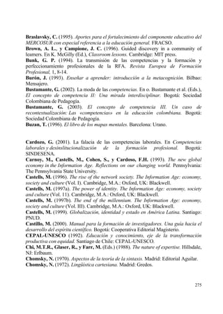 Braslavsky, C. (1995). Aportes para el fortalecimiento del componente educativo del
MERCOSUR con especial referencia a la educaci•n general. FRACSO.
Brown, A. L., y Campione, J. C. (1996). Guided discovery in a community of
leamers. En K. McGilly (Ed.), Classroom lessons. Cambridge: MIT press.
Bunk, G. P. (1994). La transmisi€n de las competencias y la formaci€n y
perfeccionamiento profesionales de la RFA. Revista Europea de Formaci•n
Profesional, 1, 8-14.
Bur‚n, J. (1993). Ense‡ar a aprender: introducci•n a la metacognici•n. Bilbao:
Mensajero.
Bustamante, G. (2002). La moda de las competencias. En o. Bustamante et al. (Eds.),
El concepto de competencia II: Una mirada interdisciplinar. Bogotƒ: Sociedad
Colombiana de Pedagog„a.
Bustamante, G. (2003). El concepto de competencia III. Un caso de
recontextualizaci•n: Las ‰competenciasŠ en la educaci•n colombiana. Bogotƒ:
Sociedad Colombiana de Pedagog„a.
Buzan, T. (1996). El libro de los mapas mentales. Barcelona: Urano.


Cardozo, G. (2001). La falacia de las competencias laborales. En Competencias
laborales y desinslitucionalizaci•n de la formaci•n profesional. Bogotƒ:
SINDESENA.
Carnoy, M., Castells, M., Cohen, S., y Cardoso, F.H. (1993). The new global
economy in the Information Age. Reflections on our changing world. Pennsylvania:
The Pennsylvania State University.
Castells, M. (1996). The rise of the network society. The Information Age: economy,
society and culture (Vol. I). Cambridge, M.A.: Oxford, UK: Blackwell.
Castells, M. (1997a). The power of identity. The Information Age: economy, society
and culture (Vol. 11). Cambridge, M.A.: Oxford, UK: Blackwell.
Castells, M. (1997b). The end of the millennium. The Information Age: economy,
society and culture (Vol. III). Cambridge, M.A.: Oxford, UK: Blackwell.
Castells, M. (1999). Globalizaci•n, identidad y estado en Am‚rica Latina. Santiago:
PNUD.
Castillo, M. (2000). Manual para la formaci•n de investigadores. Una gu„a hacia el
desarrollo del esp„ritu cient„fico. Bogotƒ: Cooperativa Editorial Magisterio.
CEPAL-UNESCO (1992). Educaci•n y conocimiento, eje de la transformaci•n
productiva con equidad. Santiago de Chile: CEPAL-UNESCO.
Chi, M.T.R., Glaser, R., y Farr, M. (Eds.) (1988). The nature of expertise. Hillsdale,
NJ: Erlbaum.
Chomsky, N. (1970). Aspectos de la teor„a de la sintaxis. Madrid: Editorial Aguilar.
Chomsky, N. (1972). Ling†„stica cartesiana. Madrid: Gredos.


                                                                                  275
 