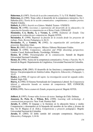 Habermas, J. (1987). Teor„a de la acci•n comunicativa, T. I y T II. Madrid: Taurus.
Habermas, J. (1989). Notas sobre el desarrollo de la competencia interactiva. En J.
Haberlas (Ed.), Teor„a de la acci•n comunicativa: complementos y estudios previos.
Madrid: Cƒtedra.
Hallack, J. (1991). Invertir en el futuro. Madrid: Tecnos - UNESCO.
Hanson, M. (1996). Lecciones y experiencias del desarrollo de la educaci•n y la
capacitaci•n basadas en competencias en el Reino Unido. CONALEP.
Hemˆndez, C.A, Rocha, A, y Verano, L. (1998). Ex…menes de Estado: Una
propuesta de evaluaci•n por competencias. Bogotƒ: ICFES.
Hernˆndez, F. (1998). Repensar la funci•n de la escuela desde los proyectos de
trabajo. Patio, Revista Pedag•gica, 6, 26-31.
Hernˆndez, F., y Ventura, M. (1992). La organizaci•n del curr„culum por
proyectos. Barcelona: Gra€.
Hesse, H. (1985). El lobo estepario. M‚xico: Editores Mexicanos Unidos.
Hyland, T. (1994). Competence, education and NVQs dissenting perspectives.
London: Cassel, Redwood Books, Trowbridge, Wiltshire.
Hymes, D. (1980). Paraetnografias de la comunicaci•n. Santaf‚ de Bogotƒ:
Universidad Nacional Colombia.
Hymes, D. (1996). Acerca de la competencia comunicativa. Forma y Funci•n, No. 9.
Santaf‚ de Bogotƒ: Departamento de Ling…„stica, Universidad Nacional de Colombia.


Iafrancesco, G.M. (2003). El desarrollo de las funciones y competencias cognitivas
bƒsicas. Una preocupaci€n en Am‚rica Latina. Magisterio, Educaci•n y Pedagog„a, 1,
32-37.
Iba…ez, J. (1994). El regreso del sujeto: La investigaci•n social de segundo orden.
Madrid: Siglo XXI.
Ibarra, A (1996). El Sistema Normalizado de Competencia Laboral. En Competencia
laboral y educaci•n basada en normas de competencia. SEP, CONOCER,
CONALEP.
ICFES (1999). Nuevo examen de Estado, propuesta general. Bogotƒ: ICFES.


Jolibert, J. (1997). Formar ni‡os lectores de textos. Santiago de Chile: Dolmen.
Jonassen, D., Peck, D., y Wilson, B.G. (1999). Learning with technology. A
constructivism perspective. New York: Prentice Hall.
Jurado, F. (2000). El lenguaje y la literatura en la educaci€n bƒsica y media:
Competencias y desempe‡os en la b†squeda del asombro de los ni‡os y j€venes de
hoy. En D. Bogoya et al. (Eds.), Competencias y proyecto pedag•gico. Bogotƒ:
Universidad Nacional de Colombia.
Jurado, F. (2003). El doble sentido del concepto competencia. Magisterio,
Educaci•n y Pedagog„a, 1,14-16.
                                                                               278
 