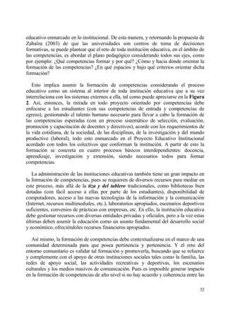 educativo enmarcado en lo institucional. De esta manera, y retornando la propuesta de
Zabalza (2003) de que las universidades son centros de toma de decisiones
formativas, se puede plantear que el reto de toda instituci€n educativa, en el ƒmbito de
las competencias, es abordar el plano pedag€gico considerando todos sus ejes, como
por ejemplo: ˆQu‚ competencias formar y por qu‚? ˆC€mo y hacia d€nde orientar la
formaci€n de las competencias? ˆEn qu‚ espacios y bajo qu‚ criterios orientar dicha
formaci€n?

   Esto implica asumir la formaci€n de competencias considerando el proceso
educativo como un sistema al interior de toda instituci€n educativa que a su vez
interrelaciona con los sistemas externos a ella, tal como puede apreciarse en la Figura
2. As„, entonces, la mirada en todo proyecto orientado por competencias debe
enfocarse a los estudiantes (con sus competencias de entrada y competencias de
egreso), gestionando el talento humano necesario para llevar a cabo la formaci€n de
las competencias esperadas (con un proceso sistemƒtico de selecci€n, evaluaci€n,
promoci€n y capacitaci€n de docentes y directivos), acorde con los requerimientos de
la vida cotidiana, de la sociedad, de las disciplinas, de la investigaci€n y del mundo
productivo (laboral), todo esto enmarcado en el Proyecto Educativo Institucional
acordado con todos los colectivos que conforman la instituci€n. A partir de esto la
formaci€n se concreta en cuatro procesos bƒsicos interdependientes: docencia,
aprendizaje, investigaci€n y extensi€n, siendo necesarios todos para formar
competencias.

   La administraci€n de las instituciones educativas tambi‚n tiene un gran impacto en
la formaci€n de competencias, pues se requieren de diversos recursos para mediar en
este proceso, mƒs allƒ de la tiza y del tablero tradicionales, como bibliotecas bien
dotadas (con fƒcil acceso a ellas por parte de los estudiantes), disponibilidad de
computadores, acceso a las nuevas tecnolog„as de la informaci€n y la comunicaci€n
(Internet, recursos multimediales, etc.), laboratorios apropiados, escenarios deportivos
suficientes, convenios de prƒcticas con empresas, etc. En ello, la instituci€n educativa
debe gestionar recursos con diversas entidades privadas y oficiales, pero a la vez estas
†ltimas deben asumir la educaci€n como un asunto fundamental del desarrollo social
y econ€mico, ofreci‚ndoles recursos financieros apropiados.

   As„ mismo, la formaci€n de competencias debe contextualizarse en el marco de una
comunidad determinada para que posea pertinencia y pertenencia. Y el reto del
entorno comunitario es validar tal formaci€n y promoverla, buscando que se refuerce
y complemente con el apoyo de otras instituciones sociales tales como la familia, las
redes de apoyo social, las actividades recreativas y deportivas, los escenarios
culturales y los medios masivos de comunicaci€n. Pues es imposible generar impacto
en la formaci€n de competencias de alto nivel si no hay acuerdo y coherencia entre las

                                                                                     32
 