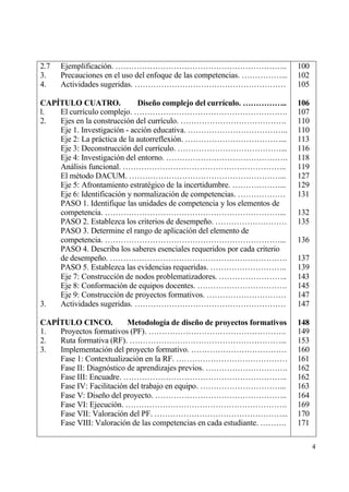 2.7   Ejemplificaci€n. ………………………………………………………..                             100
3.    Precauciones en el uso del enfoque de las competencias. ……………...     102
4.    Actividades sugeridas. …………………………………………………                           105

CAP•TULO CUATRO.             Dise…o complejo del curr„culo. ……………..        106
l.  El curr„culo complejo. ………………………………………………….                            107
2.  Ejes en la construcci€n del curr„culo. ………………………………….                  110
    Eje 1. Investigaci€n - acci€n educativa. ………………………………..                110
    Eje 2: La prƒctica de la autorreflexi€n. ………………………………...               113
    Eje 3: Deconstrucci€n del curr„culo. …………………………………...                  116
    Eje 4: Investigaci€n del entorno. ……………………………………….                     118
    Anƒlisis funcional. ……………………………………………………..                             119
    El m‚todo DACUM. …………………………………………………...                                127
    Eje 5: Afrontamiento estrat‚gico de la incertidumbre. ………………...        129
    Eje 6: Identificaci€n y normalizaci€n de competencias. ………………          131
    PASO 1. Identifique las unidades de competencia y los elementos de
    competencia. …………………………………………………………...                                 132
    PASO 2. Establezca los criterios de desempe‡o. ………………………               135
    PASO 3. Determine el rango de aplicaci€n del elemento de
    competencia. …………………………………………………………...                                 136
    PASO 4. Describa los saberes esenciales requeridos por cada criterio
    de desempe‡o. ………………………………………………………….                                  137
    PASO 5. Establezca las evidencias requeridas. ………………………..              139
    Eje 7: Construcci€n de nodos problematizadores. ……………………..             143
    Eje 8: Conformaci€n de equipos docentes. …………………………….                  145
    Eje 9: Construcci€n de proyectos formativos. …………………………                147
3.  Actividades sugeridas. …………………………………………………                             147

CAP•TULO CINCO.          Metodolog„a de dise…o de proyectos formativos     148
1.  Proyectos formativos (PF). …………………………………………….                          149
2.  Ruta formativa (RF). …………………………………………………...                            153
3.  Implementaci€n del proyecto formativo. ………………………………                    160
    Fase 1: Contextualizaci€n en la RF. ……………………………………                     161
    Fase II: Diagn€stico de aprendizajes previos. ………………………….              162
    Fase III: Encuadre. ……………………………………………………..                             162
    Fase IV: Facilitaci€n del trabajo en equipo. …………………………...             163
    Fase V: Dise‡o del proyecto. …………………………………………..                        164
    Fase VI: Ejecuci€n. …………………………………………………….                              169
    Fase VII: Valoraci€n del PF. …………………………………………...                       170
    Fase VIII: Valoraci€n de las competencias en cada estudiante. ……….     171

                                                                                 4
 