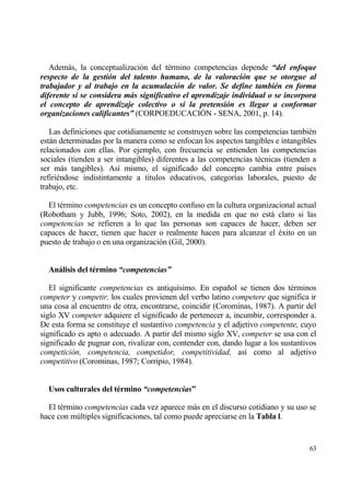 Ademƒs, la conceptualizaci€n del t‚rmino competencias depende “del enfoque
respecto de la gesti‚n del talento humano, de la valoraci‚n que se otorgue al
trabajador y al trabajo en la acumulaci‚n de valor. Se define tambiƒn en forma
diferente si se considera m„s significativo el aprendizaje individual o se incorpora
el concepto de aprendizaje colectivo o si la pretensi‚n es llegar a conformar
organizaciones calificantes” (CORPOEDUCACIŠN - SENA, 2001, p. 14).

   Las definiciones que cotidianamente se construyen sobre las competencias tambi‚n
estƒn determinadas por la manera como se enfocan los aspectos tangibles e intangibles
relacionados con ellas. Por ejemplo, con frecuencia se entienden las competencias
sociales (tienden a ser intangibles) diferentes a las competencias t‚cnicas (tienden a
ser mƒs tangibles). As„ mismo, el significado del concepto cambia entre pa„ses
refiri‚ndose indistintamente a t„tulos educativos, categor„as laborales, puesto de
trabajo, etc.

  El t‚rmino competencias es un concepto confuso en la cultura organizacional actual
(Robotham y Jubb, 1996; Soto, 2002), en la medida en que no estƒ claro si las
competencias se refieren a lo que las personas son capaces de hacer, deben ser
capaces de hacer, tienen que hacer o realmente hacen para alcanzar el ‚xito en un
puesto de trabajo o en una organizaci€n (Gil, 2000).


  Anˆlisis del t†rmino “competencias”

   El significante competencias es antiqu„simo. En espa‡ol se tienen dos t‚rminos
competer y competir, los cuales provienen del verbo latino competere que significa ir
una cosa al encuentro de otra, encontrarse, coincidir (Corominas, 1987). A partir del
siglo XV competer adquiere el significado de pertenecer a, incumbir, corresponder a.
De esta forma se constituye el sustantivo competencia y el adjetivo competente, cuyo
significado es apto o adecuado. A partir del mismo siglo XV, competer se usa con el
significado de pugnar con, rivalizar con, contender con, dando lugar a los sustantivos
competici•n, competencia, competidor, competitividad, as„ como al adjetivo
competitivo (Corominas, 1987; Corripio, 1984).


  Usos culturales del t†rmino “competencias”

  El t‚rmino competencias cada vez aparece mƒs en el discurso cotidiano y su uso se
hace con m†ltiples significaciones, tal como puede apreciarse en la Tabla l.


                                                                                   63
 