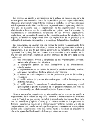 Los procesos de gesti€n y aseguramiento de la calidad se basan en una serie de
normas que se han establecido con el fin de posibilitar que toda organizaci€n social,
educativa o empresarial eval†e de forma continua la calidad de los servicios prestados
o de los productos ofrecidos, estableciendo mejoras de manera oportuna y eficiente.
Para ello es necesario que se implementen en las organizaciones procesos
administrativos basados en la consideraci€n de qui‚nes son los usuarios; la
caracterizaci€n y estandarizaci€n sistemƒtica de los procesos organizativos,
productivos y de prestaci€n de servicios; la evaluaci€n continua; la introducci€n de
mejoras; el trabajo en equipo entre todos los responsables de los procesos, y la
realizaci€n de auditorias para verificar el seguimiento de las pol„ticas de calidad.

   Las competencias se vinculan con esta pol„tica de gesti€n y aseguramiento de la
calidad en las instituciones educativas y tambi‚n en las organizaciones sociales y
empresariales. Y es esto lo que permite comprender su naturaleza, la metodolog„a
rigurosa de descripci€n y la forma como se ponen en acci€n, pues la introducci€n de
este enfoque, como bien se se‡ala en diversos apartados de este libro, debe hacerse
con base en:
   (1) una identificaci€n precisa y sistemƒtica de los requerimientos laborales,
        sociales, disciplinares e investigativos;
   (2) la descripci€n precisa de cada competencia y su normalizaci€n-
        estandarizaci€n;
   (3) la implementaci€n de un sistema de formaci€n basado en m‚todos, t‚cnicas,
        actividades y estrategias donde se integra teor„a y prƒctica;
   (4) el ‚nfasis en cada competencia en los parƒmetros para su formaci€n y
        evaluaci€n;
   (5) el establecimiento de procesos sistemƒticos para certificar las competencias
        de forma p†blica; y
   (6) el establecimiento de mecanismos de retroalimentaci€n, monitoreo y control
        que aseguren la puesta en prƒctica de los procesos planeados, as„ como su
        evaluaci€n objetiva y la introducci€n efectiva de correcciones.

   Si no se asumen las competencias en vinculaci€n con los procesos de gesti€n y
aseguramiento de la calidad, es muy dif„cil entender la raz€n de ser de su estructura
(v‚ase la Tabla 3 de este mismo Cap„tulo), la metodolog„a rigurosa con base en la
cual se identifican (Cap„tulo Cuatro) y la sistematizaci€n de los procesos de
docencia—aprendizaje basados en la estandarizaci€n y criterios p†blicos. y la falta de
comprensi€n de esta vinculaci€n es lo que hace que muchos docentes e investigadores
asuman estas caracter„sticas como una forma r„gida y mecƒnica de encuadrar la
educaci€n y ponerla s€lo al servicio de los requerimientos externos.


                                                                                   97
 