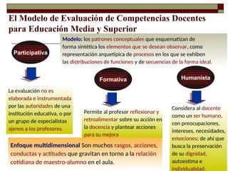 El Modelo de Evaluación de Competencias Docentes
para Educación Media y Superior
Modelo: los patrones conceptuales que esquematizan de
forma sintética los elementos que se desean observar, como
representación arquetípica de procesos en los que se exhiben
las distribuciones de funciones y de secuencias de la forma ideal.
La evaluación no es
elaborada e instrumentada
por las autoridades de una
institución educativa, o por
un grupo de especialistas
ajenos a los profesores.
Enfoque multidimensional Son muchos rasgos, acciones,
conductas y actitudes que gravitan en torno a la relación
cotidiana de maestro-alumno en el aula.
Permite al profesor reflexionar y
retroalimentar sobre su acción en
la docencia y plantear acciones
para su mejora
Considera al docente
como un ser humano,
con preocupaciones,
intereses, necesidades,
emociones; de ahí que
busca la preservación
de su dignidad,
autoestima e
individualidad.
Participativa
Formativa Humanista
 