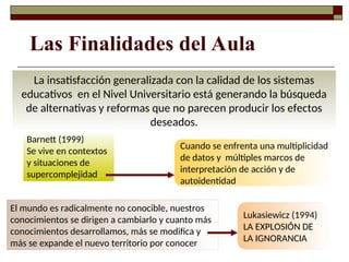 Las Finalidades del Aula
La insatisfacción generalizada con la calidad de los sistemas
educativos en el Nivel Universitario está generando la búsqueda
de alternativas y reformas que no parecen producir los efectos
deseados.
Barnett (1999)
Se vive en contextos
y situaciones de
supercomplejidad
Cuando se enfrenta una multiplicidad
de datos y múltiples marcos de
interpretación de acción y de
autoidentidad
El mundo es radicalmente no conocible, nuestros
conocimientos se dirigen a cambiarlo y cuanto más
conocimientos desarrollamos, más se modifica y
más se expande el nuevo territorio por conocer
Lukasiewicz (1994)
LA EXPLOSIÓN DE
LA IGNORANCIA
 