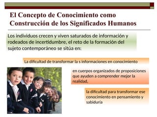 El Concepto de Conocimiento como
Construcción de los Significados Humanos
Los individuos crecen y viven saturados de información y
rodeados de incertidumbre, el reto de la formación del
sujeto contemporáneo se sitúa en:
La dificultad de transformar la s informaciones en conocimiento
en cuerpos organizados de proposiciones
que ayuden a comprender mejor la
realidad,
la dificultad para transformar ese
conocimiento en pensamiento y
sabiduría
 
