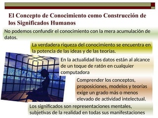 El Concepto de Conocimiento como Construcción de
los Significados Humanos
No podemos confundir el conocimiento con la mera acumulación de
datos.
La verdadera riqueza del conocimiento se encuentra en
la potencia de las ideas y de las teorías.
En la actualidad los datos están al alcance
de un toque de ratón en cualquier
computadora
Comprender los conceptos,
proposiciones, modelos y teorías
exige un grado más o menos
elevado de actividad intelectual.
Los significados son representaciones mentales,
subjetivas de la realidad en todas sus manifestaciones
 