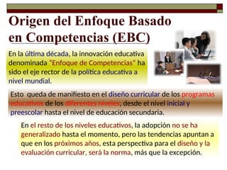 Origen del Enfoque Basado
en Competencias (EBC)
En la última década, la innovación educativa
denominada “Enfoque de Competencias” ha
sido el eje rector de la política educativa a
nivel mundial.
Esto queda de manifiesto en el diseño curricular de los programas
educativos de los diferentes niveles, desde el nivel inicial y
preescolar hasta el nivel de educación secundaria.
En el resto de los niveles educativos, la adopción no se ha
generalizado hasta el momento, pero las tendencias apuntan a
que en los próximos años, esta perspectiva para el diseño y la
evaluación curricular, será la norma, más que la excepción.
 