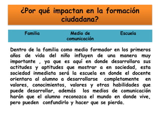 ¿Por qué impactan en la formación
ciudadana?
Familia Medio de
comunicación
Escuela
Dentro de la familia como medio formador en los primeros
años de vida del niño influyen de una manera muy
importante , ya que es aquí en donde desarrollara sus
actitudes y aptitudes que mostrar a en sociedad, esta
sociedad inmediata será la escuela en donde el docente
orientara al alumno a desarrollarse completamente en
valores, conocimientos, valores y otras habilidades que
puede desarrollar, además los medios de comunicación
harán que el alumno reconozca el mundo en donde vive,
pero pueden confundirlo y hacer que se pierda.