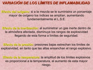 VARIACIÓN DE LOS LÍMITES DE INFLAMABILIDADVARIACIÓN DE LOS LÍMITES DE INFLAMABILIDAD
Efecto del oxígeno:Efecto del oxígeno: si a la mezcla se le suministra un porcentaje
mayor de oxígeno los índices se amplían, aumentando
fundamentalmente el L.S.E.
Efecto de la inertización:Efecto de la inertización: al suministrar un gas inerte dentro de
la atmósfera afectada, disminuye los rangos de explosividad
llegando de esta forma a límites de seguridad.
Efecto de la presión:Efecto de la presión: presiones bajas estrechan los límites de
explosividad, en tanto que las altas ensanchan el rango explosivo.
Efecto de la temperatura:Efecto de la temperatura: la amplitud de los límites explosivos
es proporcional a la temperatura, al aumento de esta mayor
riesgo.
 