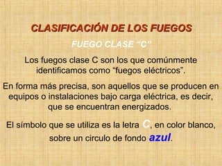 CLASIFICACIÓN DE LOS FUEGOSCLASIFICACIÓN DE LOS FUEGOS
FUEGO CLASE “C”
Los fuegos clase C son los que comúnmente
identificamos como “fuegos eléctricos”.
En forma más precisa, son aquellos que se producen en
equipos o instalaciones bajo carga eléctrica, es decir,
que se encuentran energizados.
El símbolo que se utiliza es la letra C, en color blanco,
sobre un circulo de fondo azul.
 