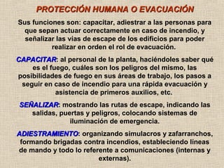 PROTECCIÓN HUMANA O EVACUACIÓNPROTECCIÓN HUMANA O EVACUACIÓN
Sus funciones son: capacitar, adiestrar a las personas para
que sepan actuar correctamente en caso de incendio, y
señalizar las vías de escape de los edificios para poder
realizar en orden el rol de evacuación.
CAPACITARCAPACITAR: al personal de la planta, haciéndoles saber qué
es el fuego, cuáles son los peligros del mismo, las
posibilidades de fuego en sus áreas de trabajo, los pasos a
seguir en caso de incendio para una rápida evacuación y
asistencia de primeros auxilios, etc.
SEÑALIZARSEÑALIZAR: mostrando las rutas de escape, indicando las
salidas, puertas y peligros, colocando sistemas de
iluminación de emergencia.
ADIESTRAMIENTOADIESTRAMIENTO: organizando simulacros y zafarranchos,
formando brigadas contra incendios, estableciendo líneas
de mando y todo lo referente a comunicaciones (internas y
externas).
 