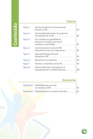 Figuras
Contenido

            Figura 1. 	      Factores incidentes en la formación de
                             docentes en TIC . . . . . . . . . . . . . . . . . . . . . . . . . 	107
            Figura 2. 	      Actores implicados dentro de un proceso
                             de trasformación en TIC. . . . . . . . . . . . . . . . . . . 	110
            Figura 3. 	      Tres variables sin posibilidad de
                             divorcio en un óptimo proceso de
                             enseñanza y aprendizaje . . . . . . . . . . . . . . . . . . 	113
            Figura 4. 	      Características de un docente TIC:
                             dimensiones de las sus competencias. . . . . . . . .	114
            Figura 5. 	      Esquema Estrategia Nacional
                             formación en TIC . . . . . . . . . . . . . . . . . . . . . . . . 	122
            Figura 6. 	      Momentos de la evaluación . . . . . . . . . . . . . . . . 	123
            Figura 7. 	      Procesos a transformar con las TIC . . . . . . . . . . . 	125
            Figura 8. 	      Factores indecentes y decisorios en el
                             mejoramiento de la calidad educativa. . . . . . . . 	149




                                                                        Ilustración
            Ilustración 1 	 Probabilidad que una sede
                            sea tratada con CPE . . . . . . . . . . . . . . . . . . . . . . 	68
            Ilustración 2 	 Probabilidad de ser tratada de placebos . . . . . . 	69




                                                                                                      239
 