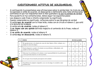 CUESTIONARIO ACTITUD DE SOLIDARIDAD

•   A continuación te presentamos unas afirmaciones sobre la solidaridad. Se trata de que
    tú expreses si estás de acuerdo, en desacuerdo o indiferente ante tales afirmaciones.
    Confiamos en que tus respuestas sean lo más ajustadas a lo que tú piensas de verdad.
•   Para ayudarte en tus contestaciones, debes seguir los siguientes pasos:
•   Lee despacio cada frase e intenta comprender su significado.
•   Cuando comprendas su significado, reflexiona sobre lo que tú opinas de verdad.
•   Si estás muy de acuerdo con la frase leída, rodea con un círculo el número 1, que está
    a la derecha de la página.
•   Si estás solo de acuerdo, rodea el número 2.
•   Si no tienes aún una opinión definida respecto al contenido de la frase, rodea el
    número 3.
•   Si no estás de acuerdo, rodea el número 4.
•   Si estás muy en desacuerdo, rodea el número 5.

               N   ITEM                                                                                     PUNTUACIÓN

                   Me agrada prestar a los demás mis cosas de clase( lápices, libros, trabajos, etc.)
              1                                                                                         1   2   3   4    5
                   aunque no sean mis amigos.

                   Estaría dispuesto a ayudar a los demás en sus problemas o dificultades, solo
              2                                                                                         1   2   3   4    5
                   cuando se trate de mis amigos.

                   Solucionar los problemas de los demás es una responsabilidad de los gobernantes
              3                                                                                         1   2   3   4    5
                   y de las personas mayores, no de los jóvenes.


              4    No creo que sirva de mucho preocuparse de los demás.                                 1   2   3   4    5

                   El problema de cualquier compañero, sea o no mi amigo, lo considero como
              5                                                                                         1   2   3   4    5
                   problema mío.
 