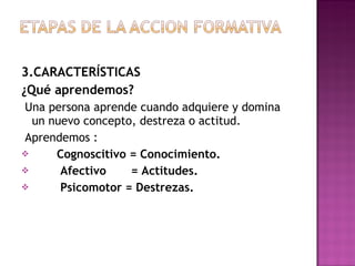 3.CARACTERÍSTICAS ¿Qué aprendemos? Una persona aprende cuando adquiere y domina un nuevo concepto, destreza o actitud. Aprendemos : Cognoscitivo = Conocimiento. Afectivo  = Actitudes. Psicomotor = Destrezas. 