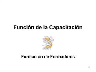 Función de la Capacitación




  Formación de Formadores

                             13
 
