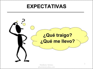 EXPECTATIVAS




      ¿Qué traigo?
     ¿Qué me llevo?



                         2
     Humberto Serrano
   ghserrano@yahoo.com
 