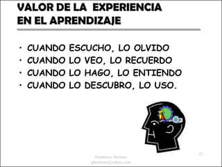 VALOR DE LA EXPERIENCIA
EN EL APRENDIZAJE

•   CUANDO   ESCUCHO, LO OLVIDO
•   CUANDO   LO VEO, LO RECUERDO
•   CUANDO   LO HAGO, LO ENTIENDO
•   CUANDO   LO DESCUBRO, LO USO.




                                      27
                  Humberto Serrano
                ghserrano@yahoo.com
 