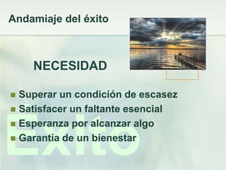 Andamiaje del éxito



    NECESIDAD

 Superar un condición de escasez
 Satisfacer un faltante esencial




Éxito
 Esperanza por alcanzar algo
 Garantía de un bienestar
 