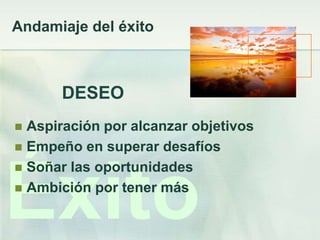 Andamiaje del éxito



      DESEO
 Aspiración por alcanzar objetivos
 Empeño en superar desafíos




Éxito
 Soñar las oportunidades
 Ambición por tener más
 