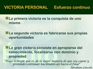VICTORIA PERSONAL                  Esfuerzo continuo

La primera victoria es la conquista de uno
   mismo

La segunda victoria es fabricarse sus propias
   oportunidades

La gran victoria consiste en apropiarse del


Éxito
   conocimiento, focalizarse con dominio y
   propiedad
“Hago lo mejor que sé, de la mejor manera de que soy capaz y
     pretendo continuar haciéndolo así hasta el final”
                                              Abraham Lincoln
 