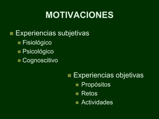 MOTIVACIONES
   Experiencias subjetivas
     Fisiológico
     Psicológico
     Cognoscitivo


                        Experiencias objetivas
                            Propósitos
                            Retos
                            Actividades
 