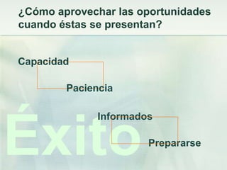 ¿Cómo aprovechar las oportunidades
cuando éstas se presentan?


Capacidad

        Paciencia

              Informados


Éxito                  Prepararse
 