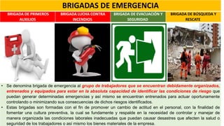BRIGADAS DE EMERGENCIA
BRIGADA DE PRIMEROS
AUXILIOS
BRIGADA LUCHA CONTRA
INCENDIOS
BRIGADA DE EVACUACIÓN Y
SEGURIDAD
BRIGADA DE BÚSQUEDA Y
RESCATE
• Se denomina brigada de emergencia al grupo de trabajadores que se encuentran debidamente organizados,
entrenados y equipados para estar en la absoluta capacidad de identificar las condiciones de riesgo que
puedan generar determinadas emergencias y así mismo se encuentran entrenados para actuar oportunamente
controlando o minimizando sus consecuencias de dichos riesgos identificados.
• Estas brigadas son formadas con el fin de promover un cambio de actitud en el personal, con la finalidad de
fomentar una cultura preventiva, la cual se fundamente y respalde en la necesidad de controlar y manejar de
manera organizada las condiciones laborales inadecuadas que puedan causar desastres que afecten la salud o
seguridad de los trabajadores o así mismo los bienes materiales de la empresa.
 
