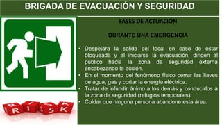 BRIGADA DE EVACUACIÓN Y SEGURIDAD
FASES DE ACTUACIÓN
DURANTE UNA EMERGENCIA
• Despejara la salida del local en caso de estar
bloqueada y al iniciarse la evacuación, dirigen al
público hacia la zona de seguridad externa
encabezando la acción.
• En el momento del fenómeno físico cerrar las llaves
de agua, gas y cortar la energía eléctrica.
• Tratar de infundir ánimo a los demás y conducirlos a
la zona de seguridad (refugios temporales).
• Cuidar que ninguna persona abandone esta área.
 