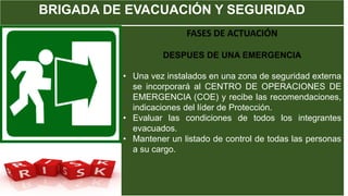 BRIGADA DE EVACUACIÓN Y SEGURIDAD
FASES DE ACTUACIÓN
DESPUES DE UNA EMERGENCIA
• Una vez instalados en una zona de seguridad externa
se incorporará al CENTRO DE OPERACIONES DE
EMERGENCIA (COE) y recibe las recomendaciones,
indicaciones del líder de Protección.
• Evaluar las condiciones de todos los integrantes
evacuados.
• Mantener un listado de control de todas las personas
a su cargo.
 