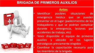 BRIGADA DE PRIMEROS AUXILIOS
Antes
• Identificar posibles situaciones de
emergencia médica que se pueden
presentar en el lugar (padecimientos de los
trabajadores y que se podrían complicar
durante la emergencia, lesiones por
accidentes de trabajo, etc)
• Tener disponible el equipo de primeros
auxilios y ubicado en los lugares
estratégicos previamente elegidos
• Coordinar la capacitación necesaria para
los miembros de la brigada.
 