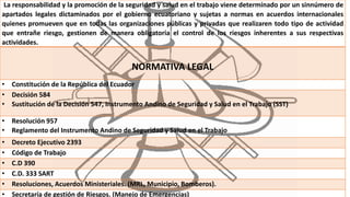 La responsabilidad y la promoción de la seguridad y salud en el trabajo viene determinado por un sinnúmero de
apartados legales dictaminados por el gobierno ecuatoriano y sujetas a normas en acuerdos internacionales
quienes promueven que en todas las organizaciones públicas y privadas que realizaren todo tipo de actividad
que entrañe riesgo, gestionen de manera obligatoria el control de los riesgos inherentes a sus respectivas
actividades.
NORMATIVA LEGAL
• Constitución de la República del Ecuador
• Decisión 584
• Sustitución de la Decisión 547, Instrumento Andino de Seguridad y Salud en el Trabajo (SST)
• Resolución 957
• Reglamento del Instrumento Andino de Seguridad y Salud en el Trabajo
• Decreto Ejecutivo 2393
• Código de Trabajo
• C.D 390
• C.D. 333 SART
• Resoluciones, Acuerdos Ministeriales. (MRL, Municipio, Bomberos).
• Secretaría de gestión de Riesgos. (Manejo de Emergencias)
 