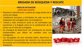 BRIGADA DE BÚSQUEDA Y RESCATE
FASES DE ACTUACIÓN
ANTES DEL EVENTO
• Realizará la identificación y análisis de riesgo dentro de su
centro de trabajo.
• Establecerá funciones y actividades de cada uno de los
integrantes de la brigada ante una emergencia.
• Llevará a cabo simulacros tanto en las actividades que
conciernen a la brigada como en la coordinación de las
tareas con el resto de las brigadas.
• Se encargará de determinar con anticipación los bienes
indispensables que deben ser salvados ante una
emergencia.
• Los encargados de esta actividad deben determinar la
prioridad de recuperación del material y los documentos
de acuerdo con la actividad que se desarrolla dentro de la
instalación.
 