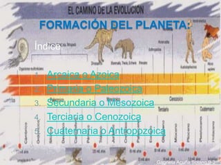 Índice:

1.   Arcaica o Azoica
2.   Primaria o Paleozoica
3.   Secundaria o Mesozoica
4.   Terciaria o Cenozoica
5.   Cuaternaria o Antropozoica


                             Gabriela Acuña Solano 9-2
 