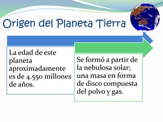 Origen del Planeta Tierra
La edad de este
planeta
aproximadamente
es de 4.550 millones
de años.
Se formó a partir de
la nebulosa solar;
una masa en forma
de disco compuesta
del polvo y gas.
 