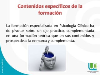 La formación especializada en Psicología Clínica ha
de pivotar sobre un eje práctico, complementada
en una formación teórica que en sus contenidos y
prospectivas la enmarca y complementa.
 
