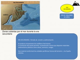 ERA SECUNDARIA-. Periodo de erosión y sedimentación.
Se produce arrasamiento de cordilleras Hercinianas.
La inclinación del zócalo permitió la penetración marina que deposito materiales
sedimentarios plásticos como calizas, areniscas, margas.
Este material conformará las unidades periféricas futuras del terciario y las España
calcárea.
ERA
SECUNDARIA
250-65 MILLONES
DE AÑOS
Zonas cubiertas por el mar durante la era
secundaria
 