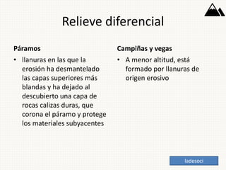 Relieve diferencial
Páramos
• llanuras en las que la
erosión ha desmantelado
las capas superiores más
blandas y ha dejado al
descubierto una capa de
rocas calizas duras, que
corona el páramo y protege
los materiales subyacentes
Campiñas y vegas
• A menor altitud, está
formado por llanuras de
origen erosivo
ladesoci
 