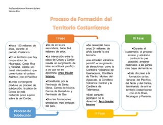 ProfesorEmanuel NavarroSolano
SétimoAño
●Hace 150 millones de
años, durante el
periodo Cretácico.
●En el territorio que hoy
ocupa el sur de
Nicaragua, Costa Rica
y Panamá, existía un
canal interoceánico que
comunicaba el océano
Atlántico con el Pacífico
●Limite convergente
produce un proceso de
subducción, la placa de
Cocos se está
metiendo poco a poco
sobre la del Caribe.
●Se da en la era
secundaria, hace 144
millones de años.
●La interacción entre la
placa de Cocos y Caribe
resulta en surgimiento de
islas en el litoral pacífico
a las que se les
denomina Arco Insular
Interno.
●Constituido por la
Península de Santa
Elena, Cerros de Nicoya,
Cerros de Herradura y
Península de Osa
●Son las formaciones
geológicas más antiguas
del país.
●Se desarrolló hace
unos 24 millones de
años durante la era
terciaria.
●La actividad volcánica
permitió el surgimiento
de elevaciones como la
Cordillera Volcánica de
Guanacaste, Cordillera
de Tilarán, Montes del
Aguacate, la Cordillera
Volcánica Central y la
Cordillera de
Talamanca.
●Este conjunto
geológico se le
denominó Arco Insular
Interno
●Durante el
cuaternario, el proceso
erosivo y volcánico
continuó lo que
posibilitó arrastrar
materiales a las partes
más bajas del territorio.
●Esto dio paso a la
formación de las
llanuras del Pacífico,
del Norte y del Caribe,
terminando de unir el
territorio costarricense
con el de Rivas,
Nicaragua y Panamá.
Proceso de
Subducción
I Fase III Fase
II Fase
 