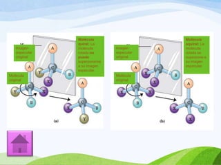 Imagen
especular
original

Molécula
original

17

Molécula
quiral: La
molécula
rotada no
puede
superponerse
a su imagen
especular.

Imagen
especular
original

Molécula
original

Molécula
aquiral: La
molécula
rotada se
superpone a
su imagen
especular.

 
